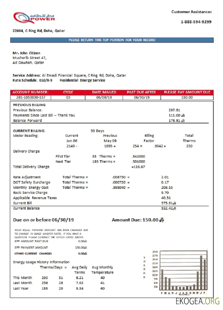 Qatar Power Company electricity utility bill template in Word and PDF format